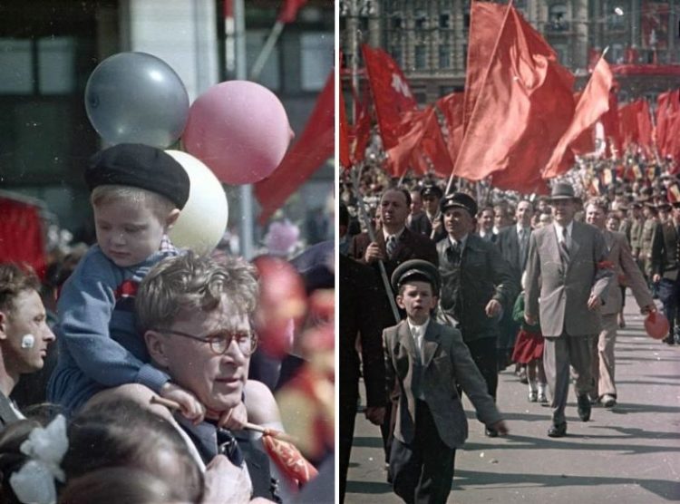 1957-1960 Малыш сидит на плечах и 1957-1960 Колонны демонстрантов