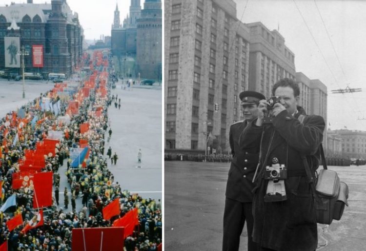 1964 1 мая Москва и 1957-1960 Охотный Ряд Милиционер фотограф делает фото